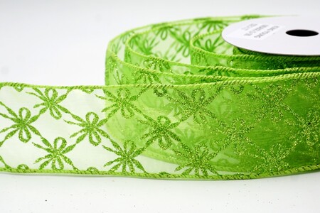 Apple green Glitter Tied Bow Pattern Wired Ribbon_KW0460GC-15-190